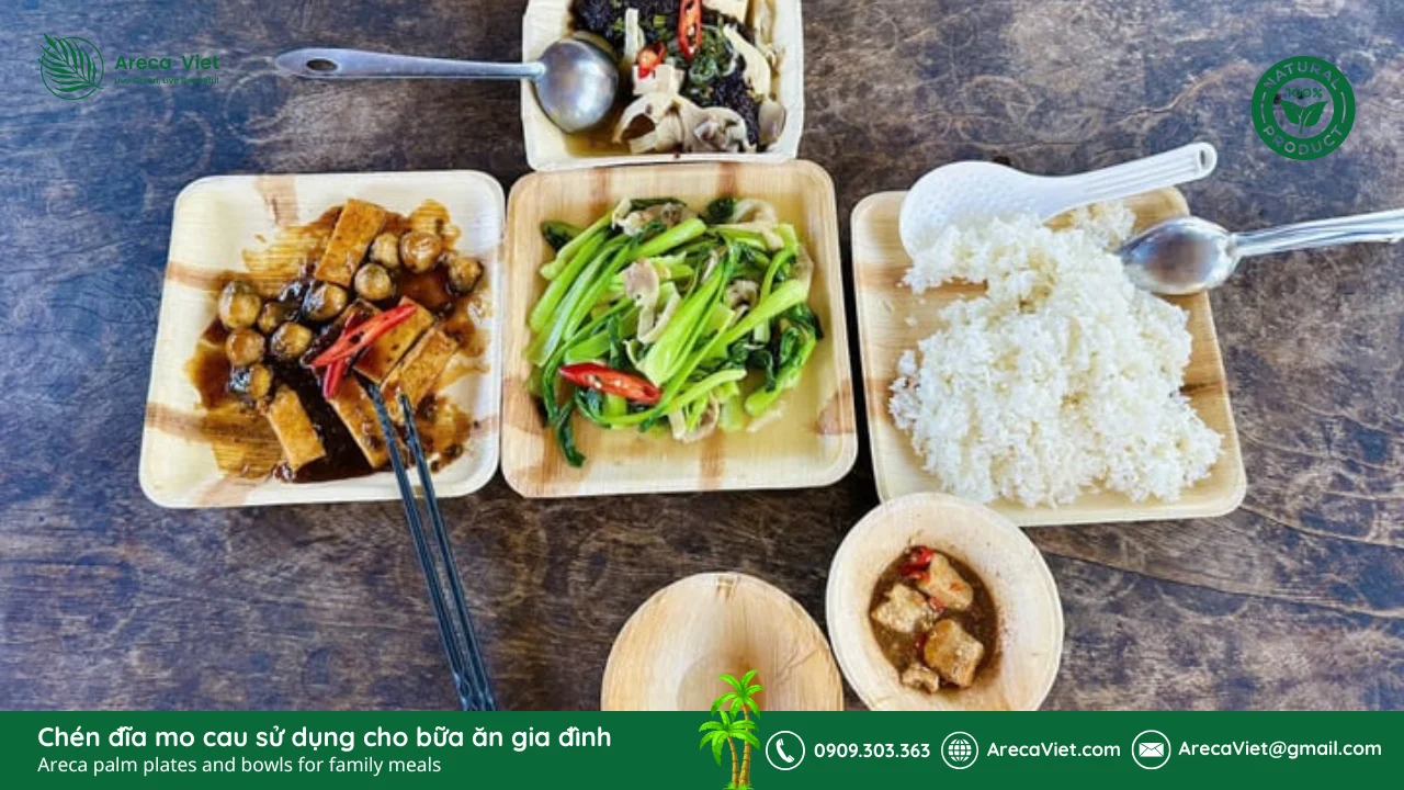 Top 5 lý do chọn sản phẩm thân thiện môi trường từ mo cau 4 Chén đĩa mo cau sử dụng cho bữa ăn gia đình